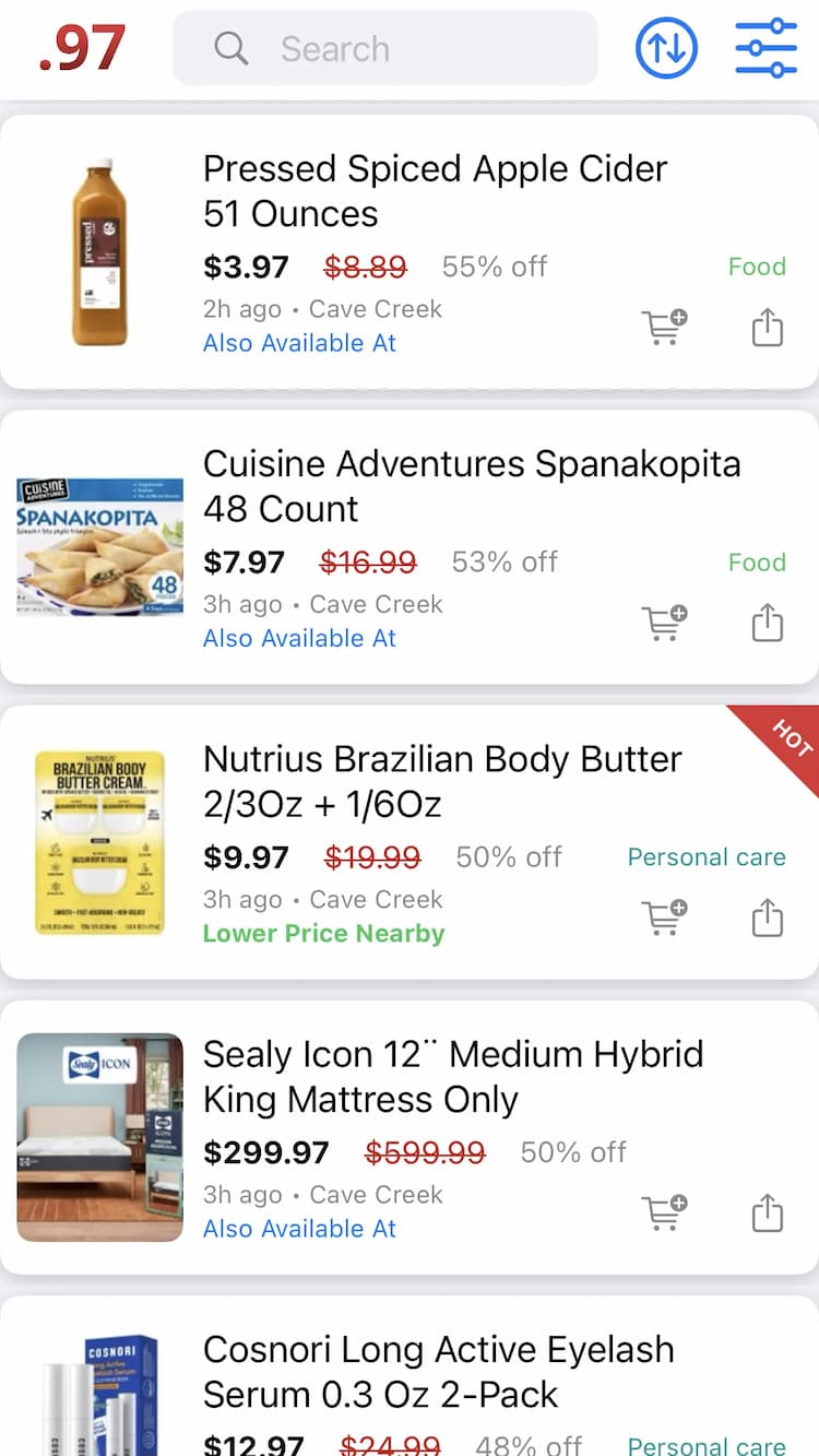 CostLow app showing clearance deals ending in .97 with sorting and filtering options