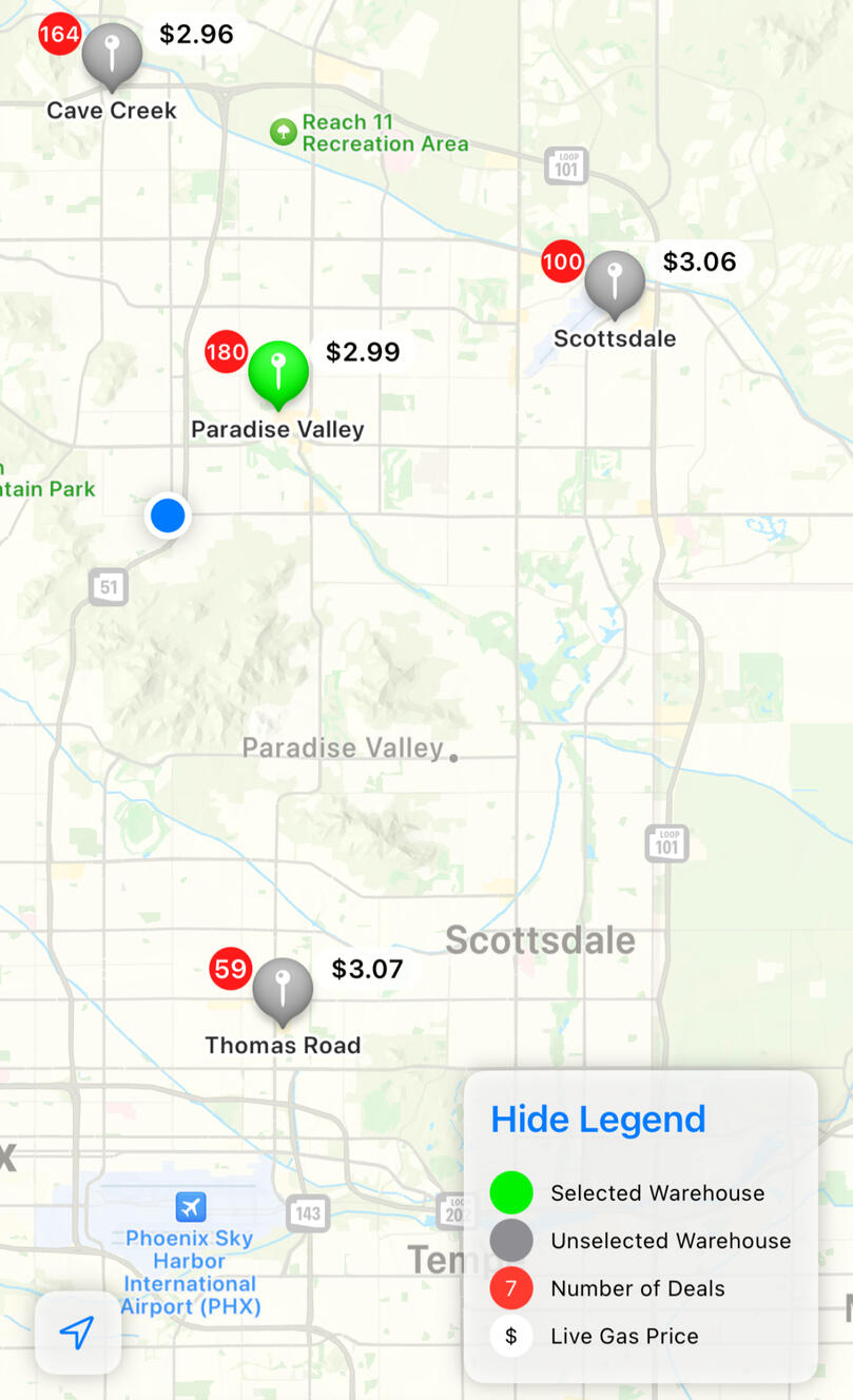 CostLow map view and gas prices CostLow map page showing which Costco warehouse locations have which deals